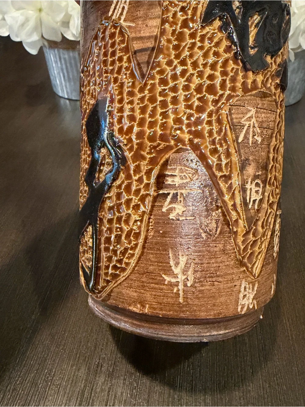 Vintage Hand Carved Chinese Clay Dragon Vase Tang Dynasty Poem Relief Potter